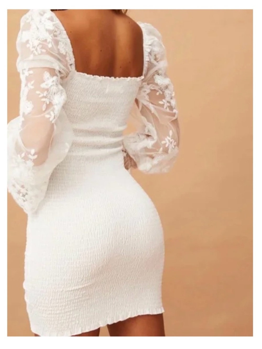 White Puff-Sleeve Ruched Mini Dress - Picture 2 of 10